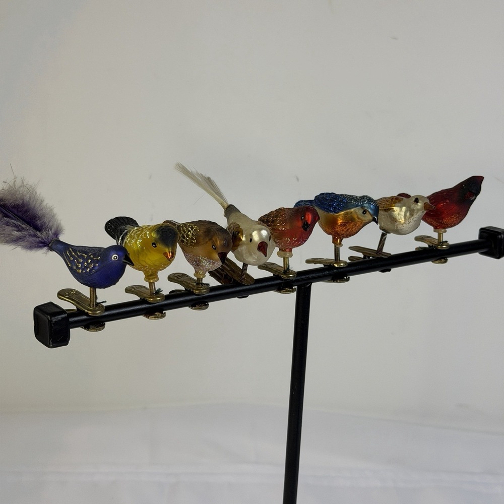 8 Vintage Mercury Bird Ornaments Clip On Songbirds Christmas Feather Tree Decor
